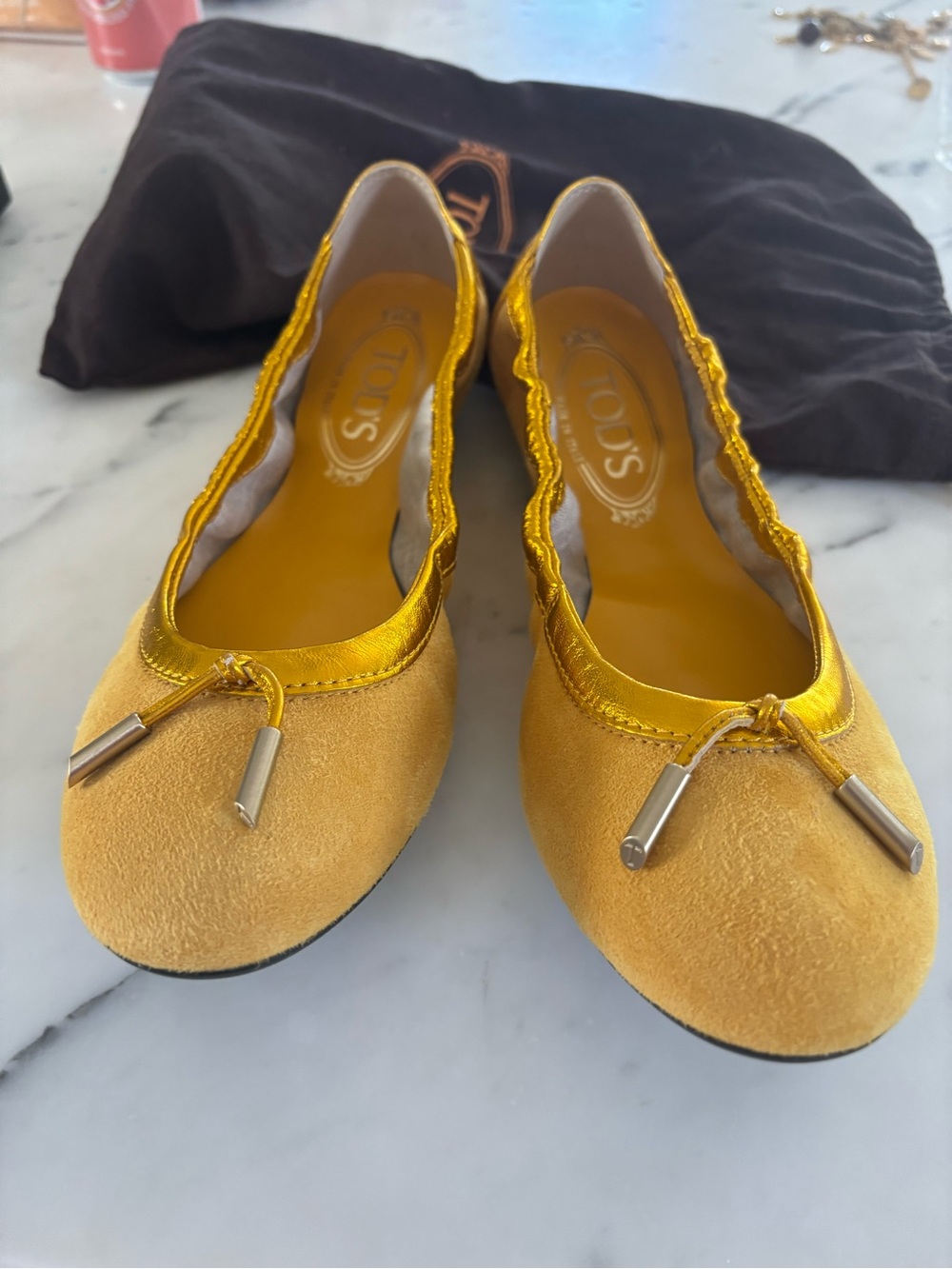 New Tod's Mustard Suede Ballet Flats with Metallic Trim size 8